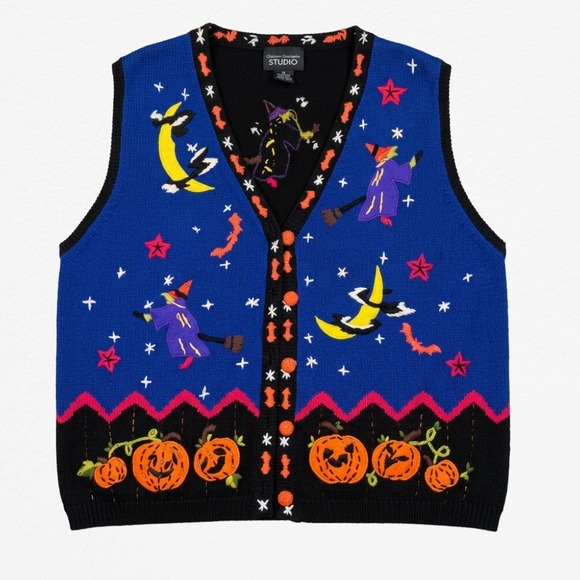 Designers Originals Sweaters - VTG Designers Originals Studio Halloween Witches Pumpkins Knit Sweater Vest XL